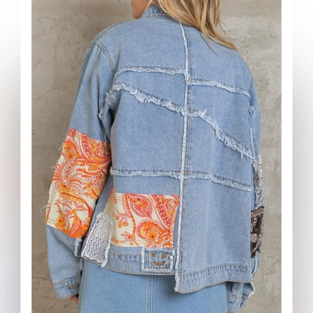 POL Oversized Patchwork Denim Jean‎ Jacket Size Medium Boho Vintage - Picture 9 of 9